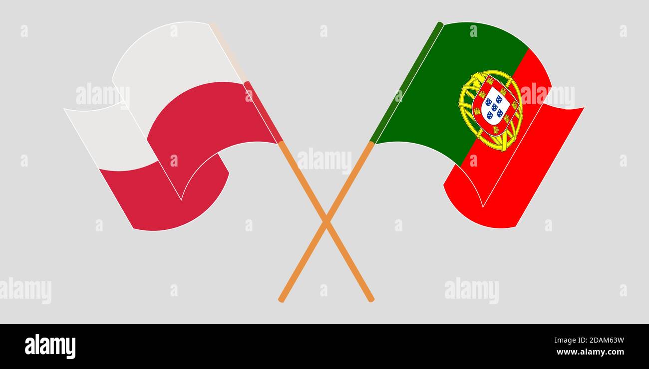 Bandiere incrociate e sventolanti di Polonia e Portogallo. Illustrazione vettoriale Illustrazione Vettoriale