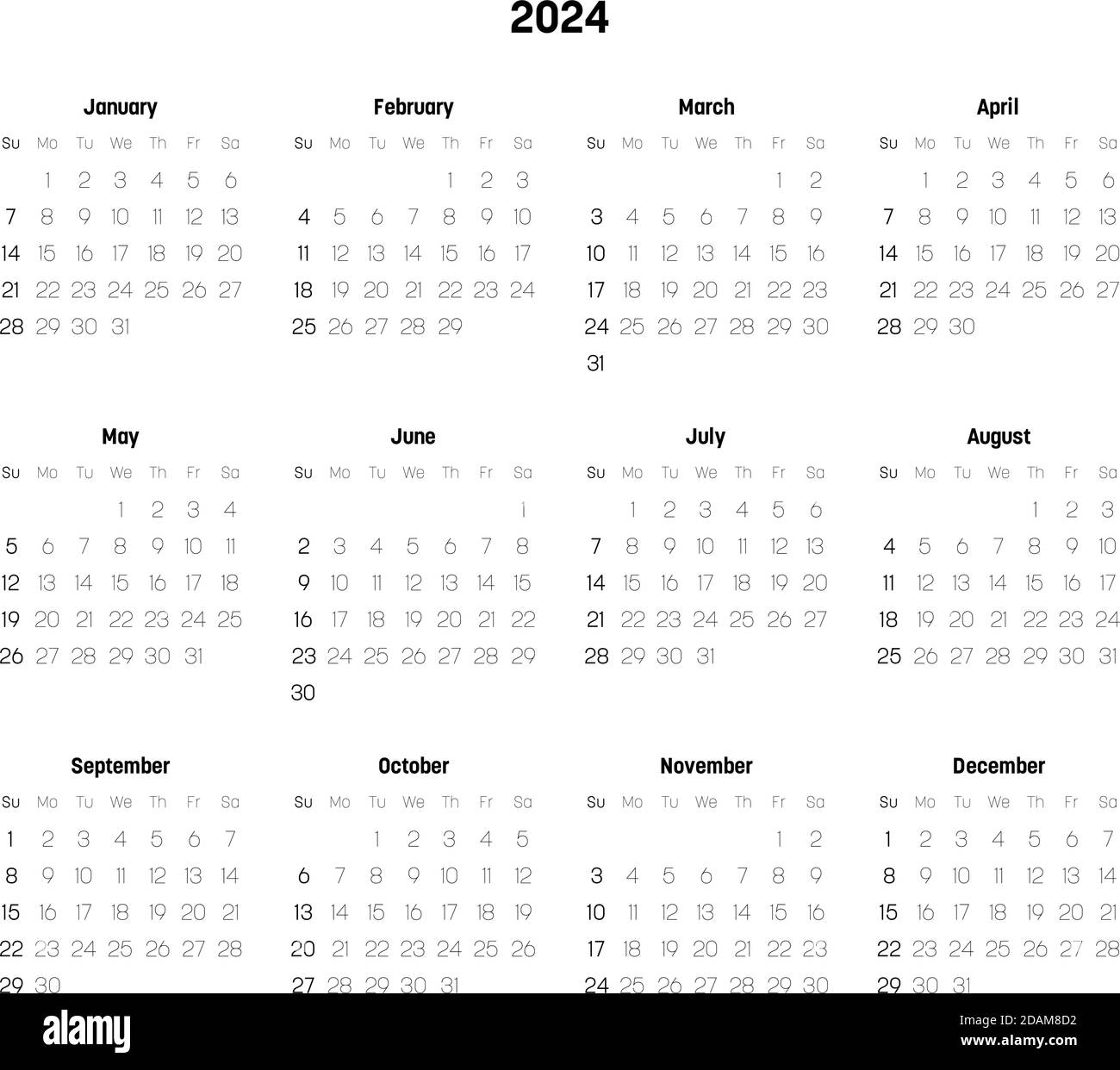 Calendario mensile dell'anno 2024. La settimana inizia la domenica. Blocco  di mesi in due file e sei colonne disposizione orizzontale. Design  minimalista e sottile. Illustrazione vettoriale Immagine e Vettoriale -  Alamy