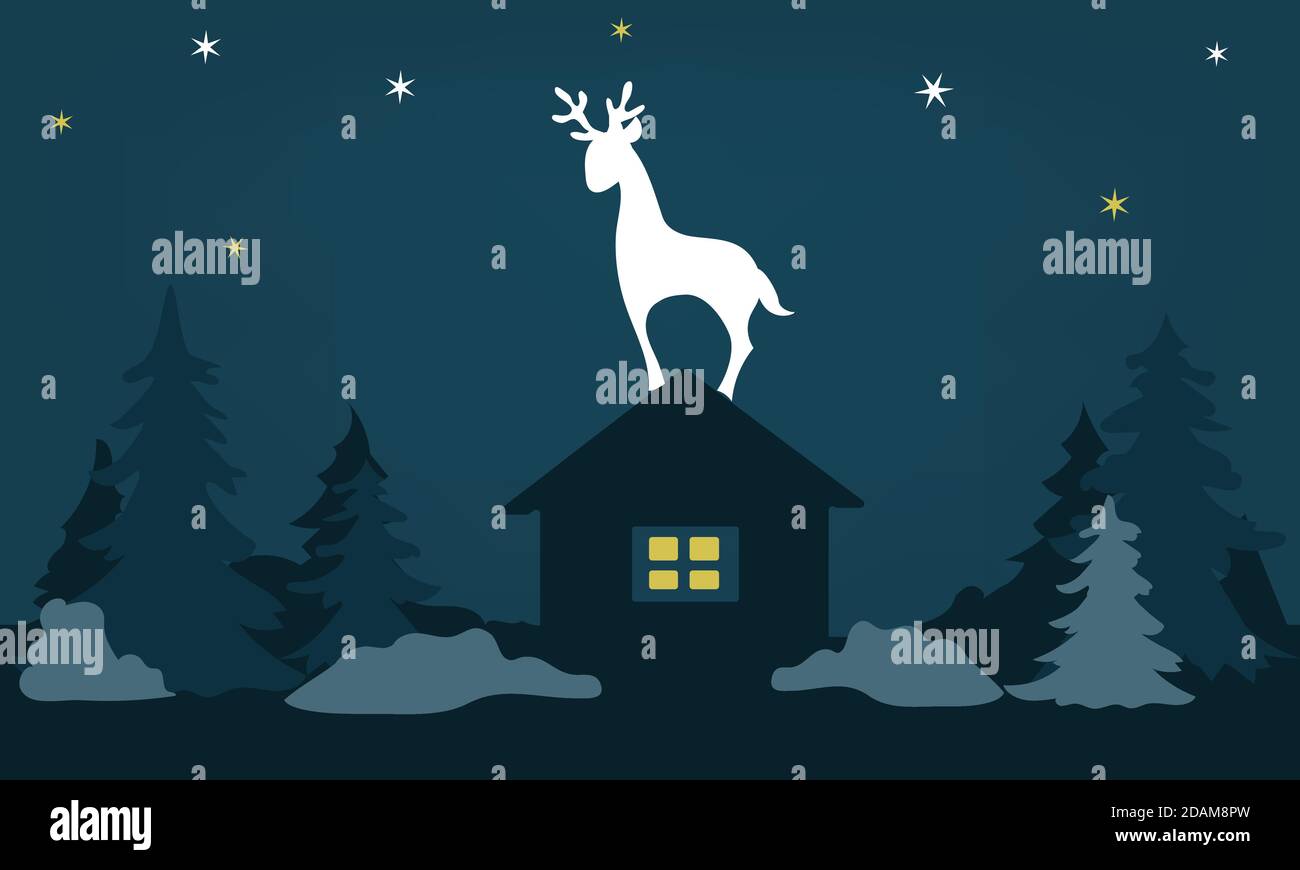 Carta di Natale con un cervo bianco in piedi sul Tetto di una casa a Natale nella foresta invernale di notte Illustrazione Vettoriale