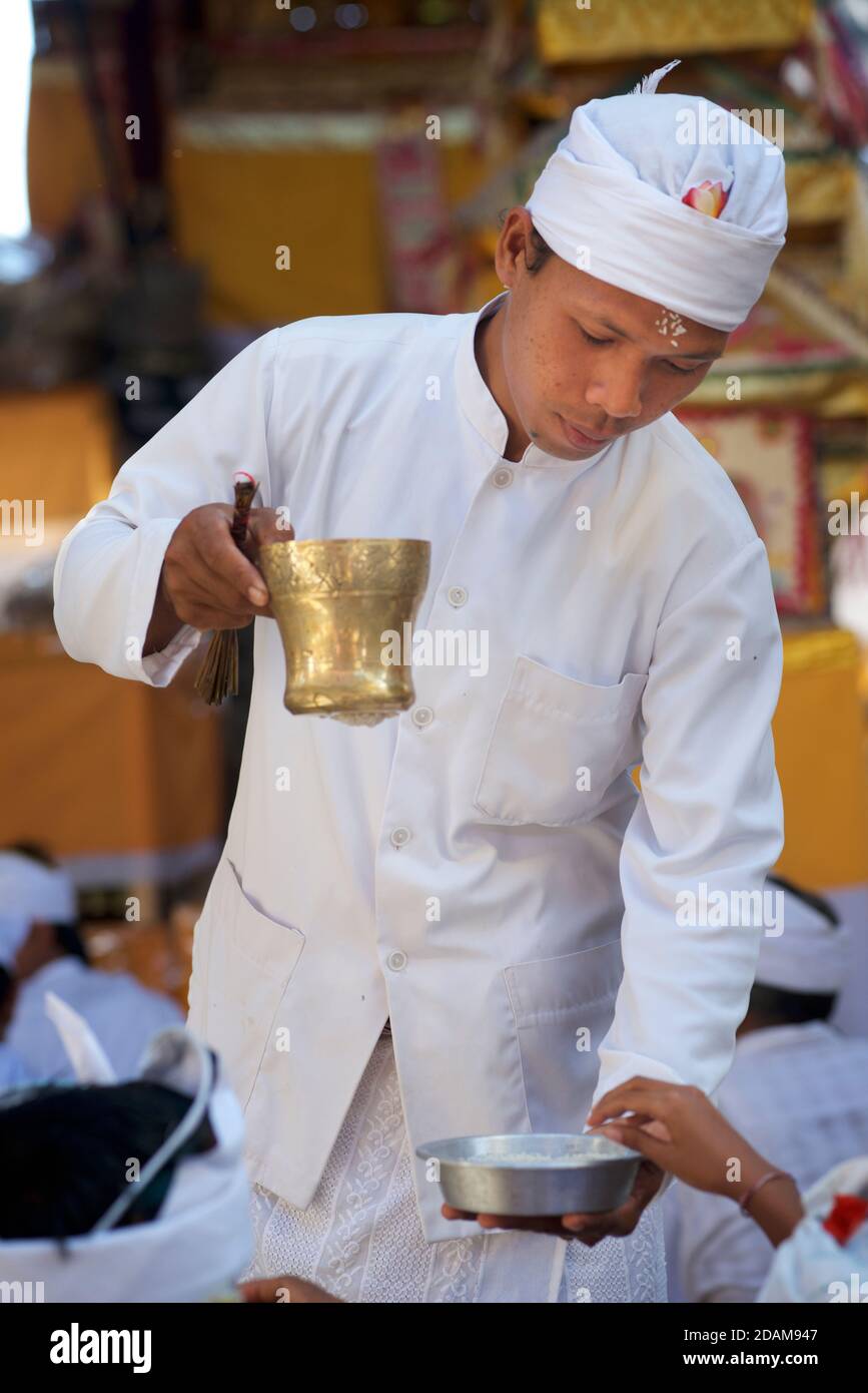 il prest indù balinese benedice i visitatori di un tempio, Ubud, Bali, Indonesia. Per il primo giorno della cerimonia di Galungan. Foto Stock