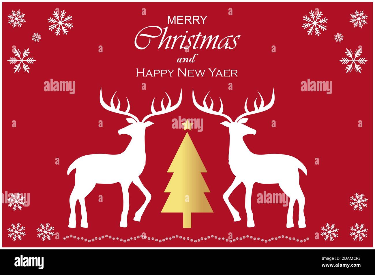 Due renne e un albero di Natale dorato isolato su sfondo rosso con fiocchi di neve. Modello Natale e Capodanno. Spazio di copia per testo o disegno Illustrazione Vettoriale