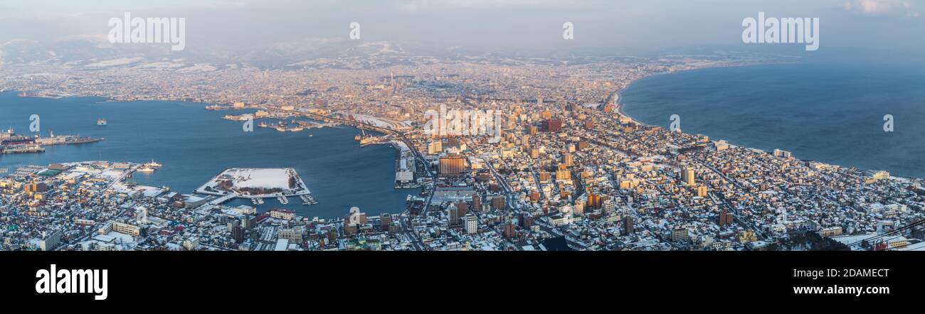 Panorama invernale vista Giappone Hokkaido Hakodate città Foto Stock