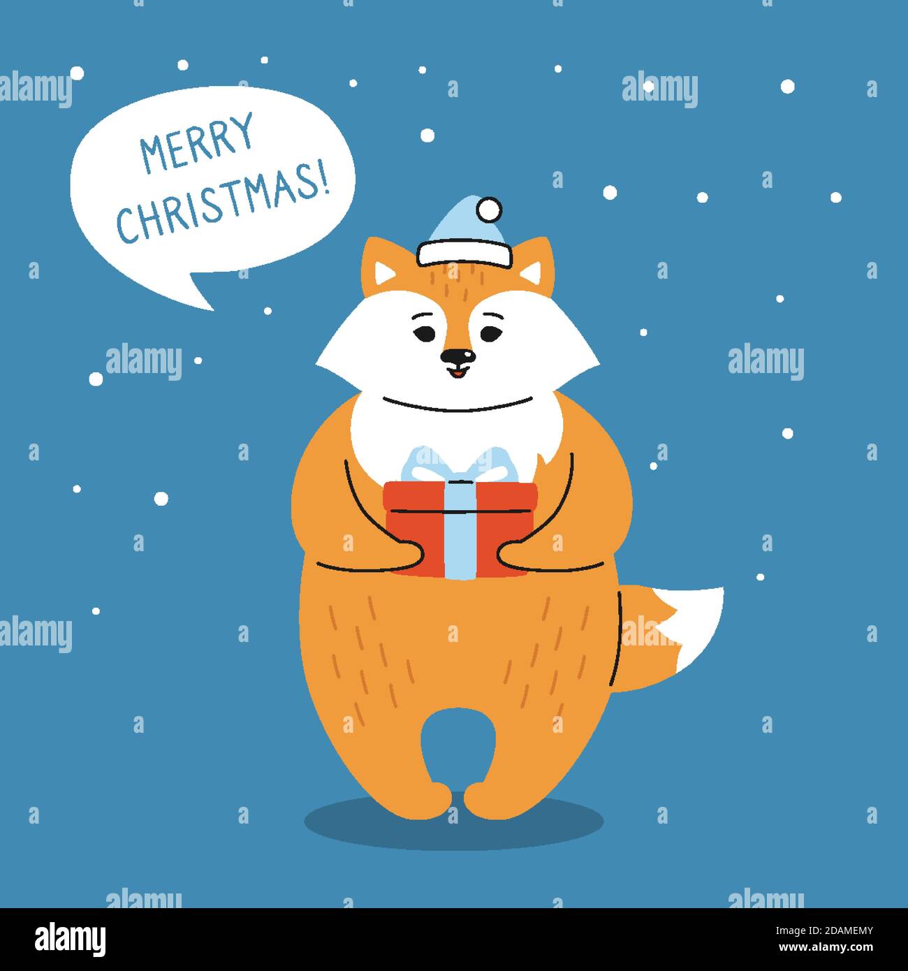Biglietto d'auguri natalizio, volpe con regalo e bolla di dialogo. Volpe rossa di nuovo anno nel cappello di Babbo Natale. Simpatico personaggio natalizio con cartoni animati disegnati a mano. Felice anno nuovo, Buon Natale. Vettore animale Illustrazione Vettoriale