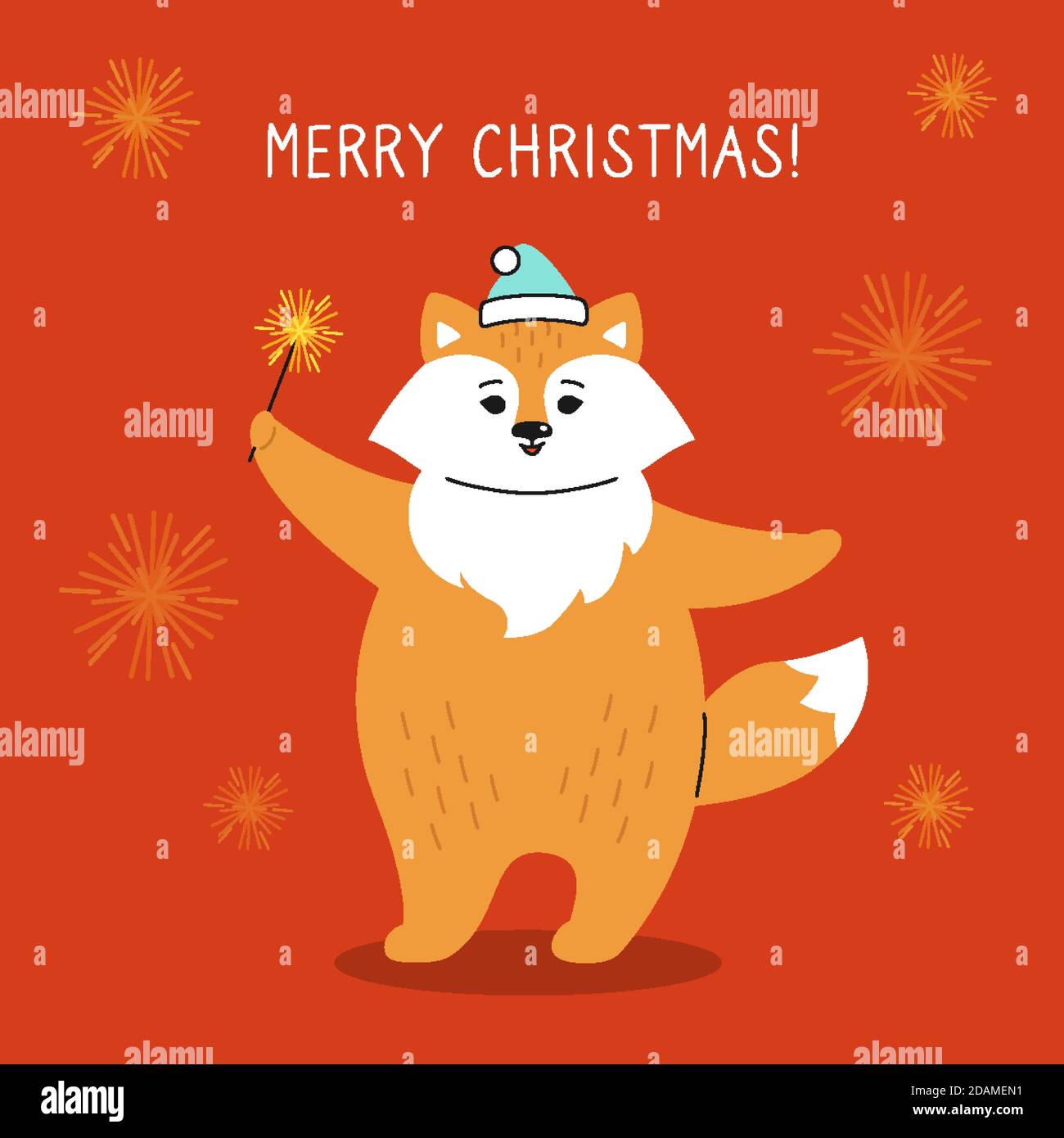 Biglietto di auguri natalizi, volpe con sparkler. Fumetto divertente disegnato a mano New Year rosso volpe personaggio di natale. Felice anno nuovo, Buon Natale. Vettore animale Illustrazione Vettoriale