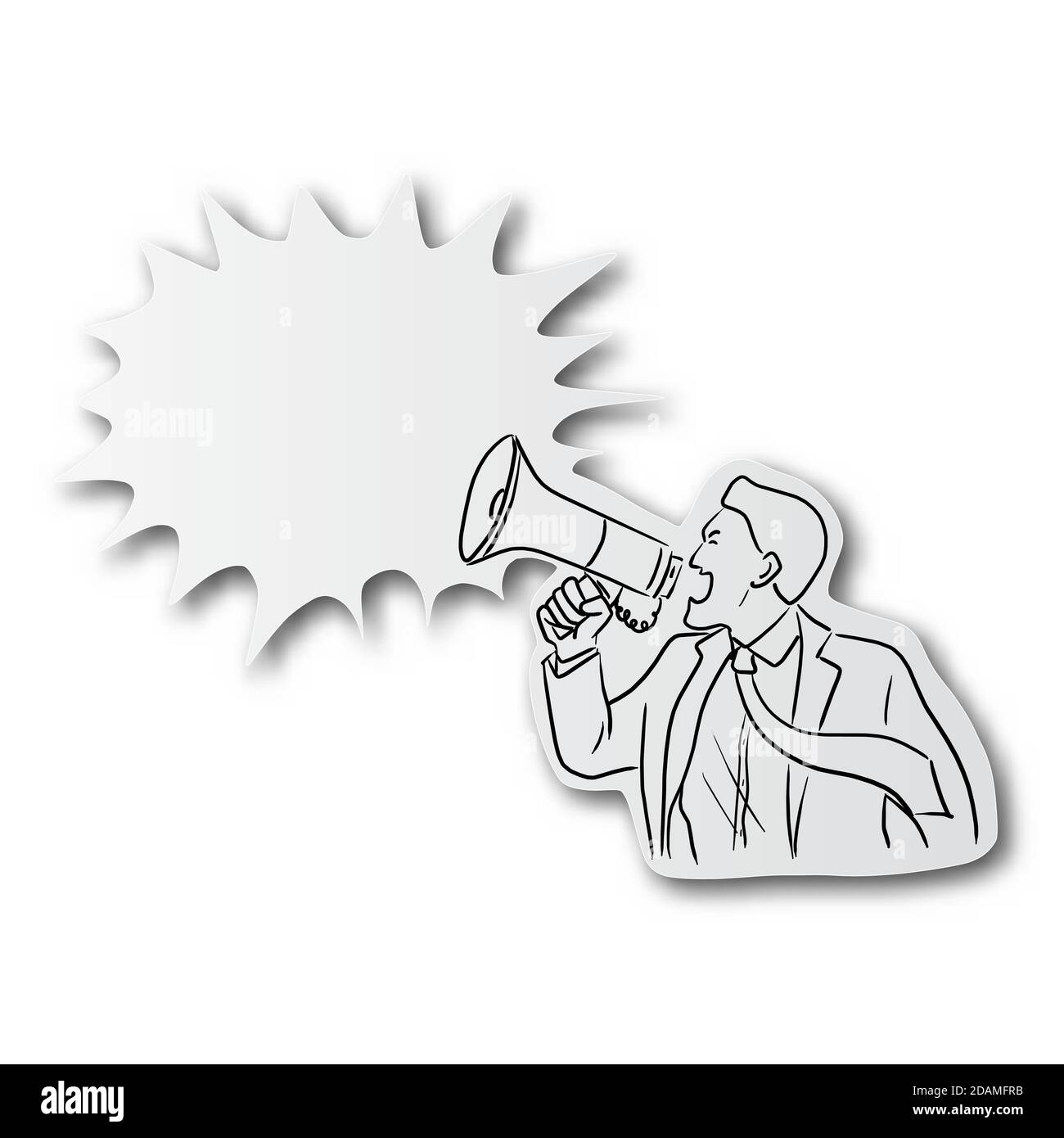 linea nera disegnata a mano di uomo d'affari che grida sul megafono sopra tagliare la carta con l'ombra isolata su sfondo bianco Illustrazione Vettoriale