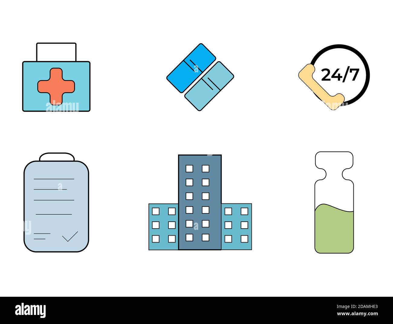 Icona Ospedale e medico Imposta modello vettore con icone che rappresentano Covid-19 situazioni Illustrazione Vettoriale