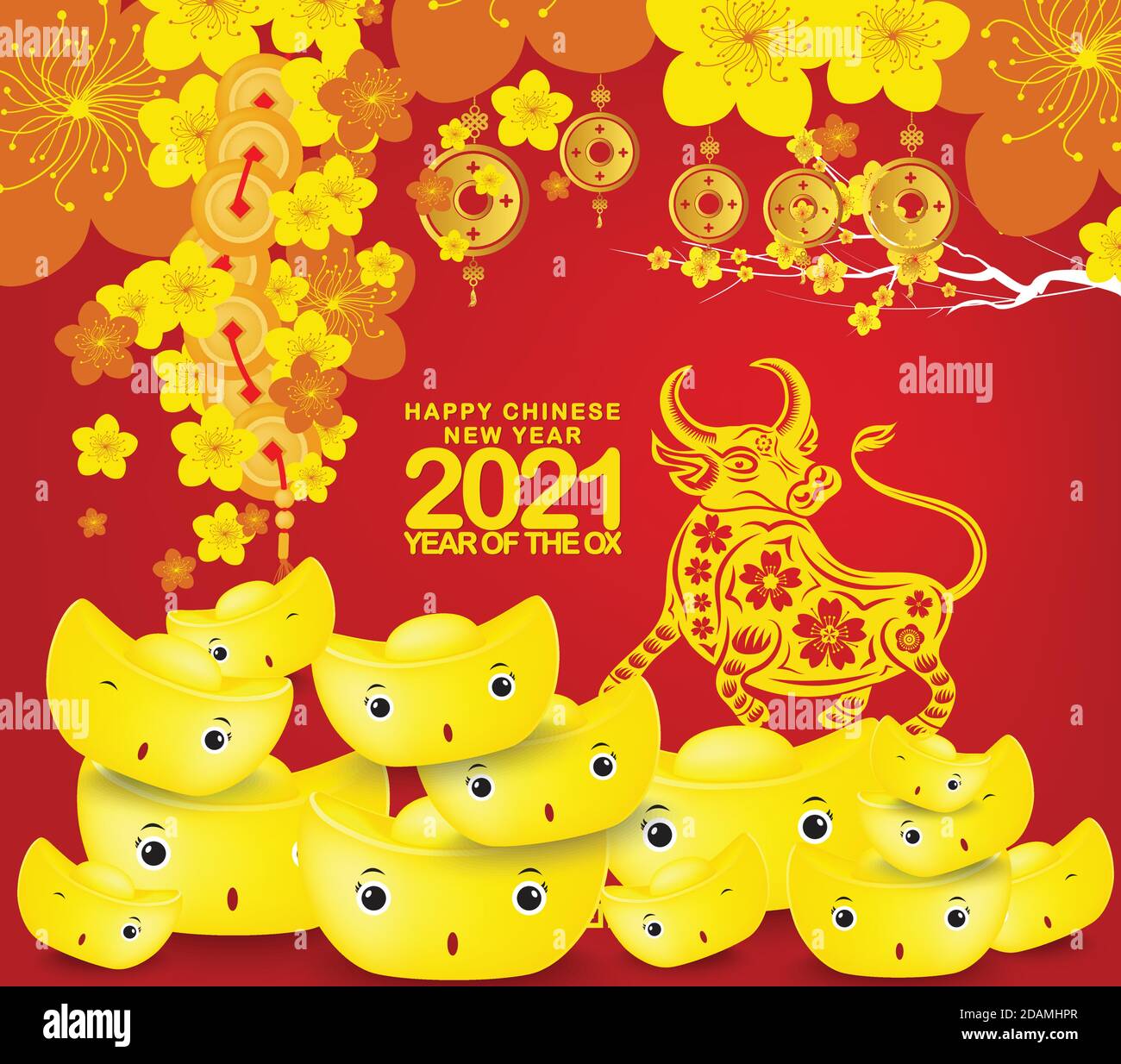 Felice cinese nuovo anno 2021. Nuovo anno lunare. Fiori ed elementi asiatici. Zodiac concept per poster, banner, calendario l'anno del bue Illustrazione Vettoriale