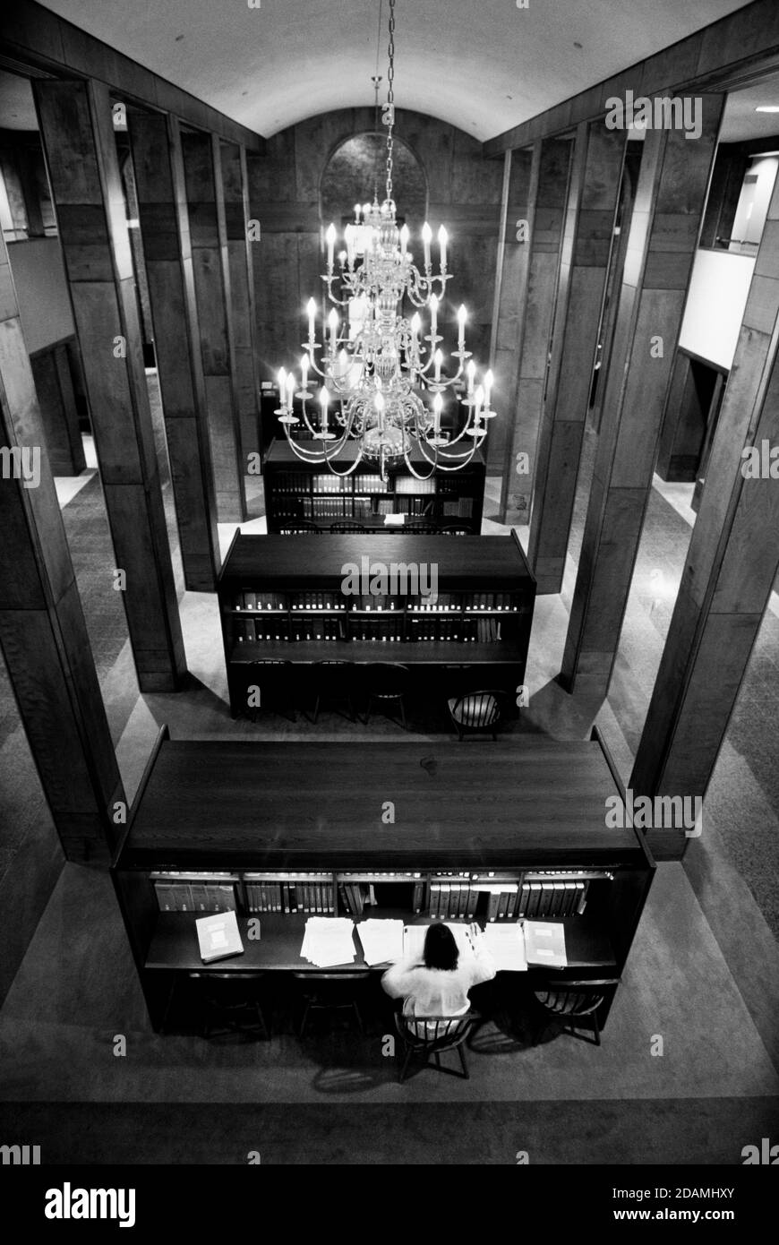 Uno studente universitario studia in una biblioteca universitaria ornata. Foto Stock