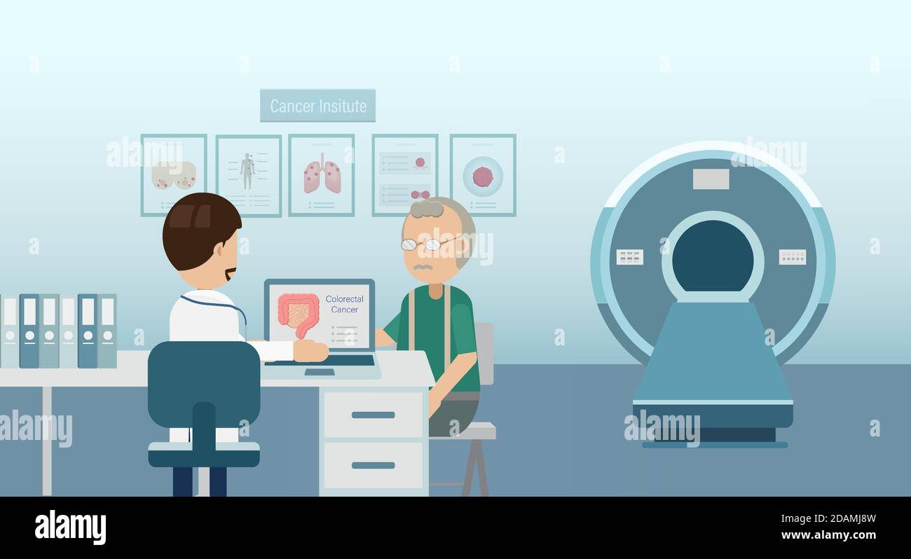 Medico con pazienti affetti da cancro colorettale e scanner tc dal design piatto illustrazione vettoriale Illustrazione Vettoriale