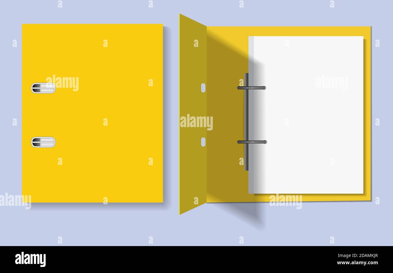Cartella gialla per i fogli chiusa e aperta. Mocap vettoriale su sfondo grigio. EPS 10. Illustrazione Vettoriale