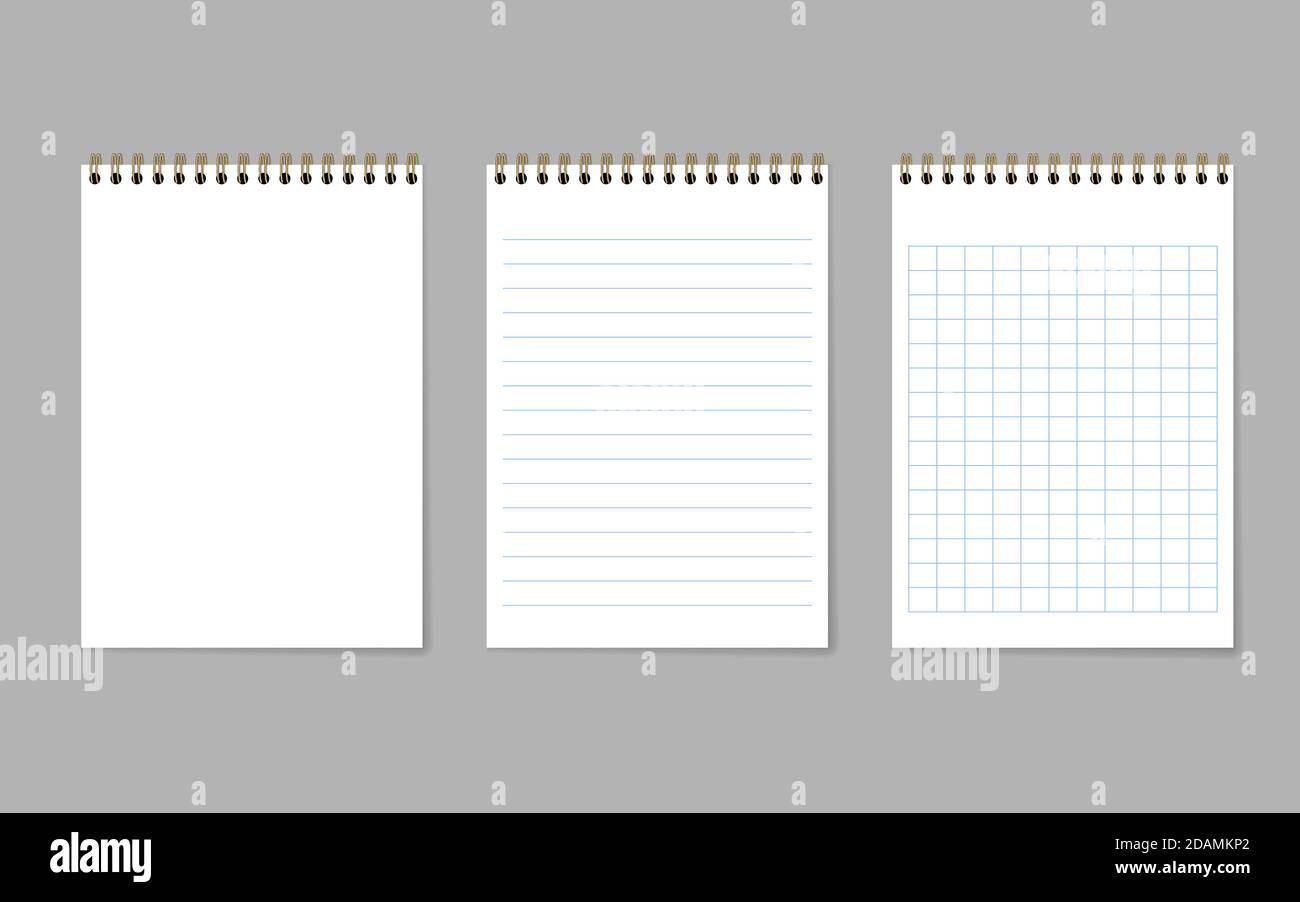 Notebook, organizer e agenda realistici vuoti con modello di pagina in carta squadrata e foderata - illustrazione vettoriale. EPS 10 Illustrazione Vettoriale
