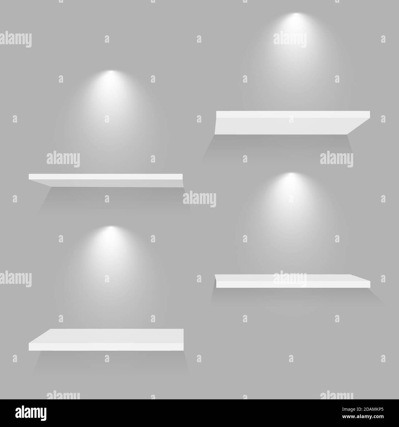 Ripiani bianchi realistici. Negozio vuoto scaffale esposizione di ombre e luci su negozio a muro al coperto. Modello vettoriale interno del museo 3D. Illustrazione Vettoriale