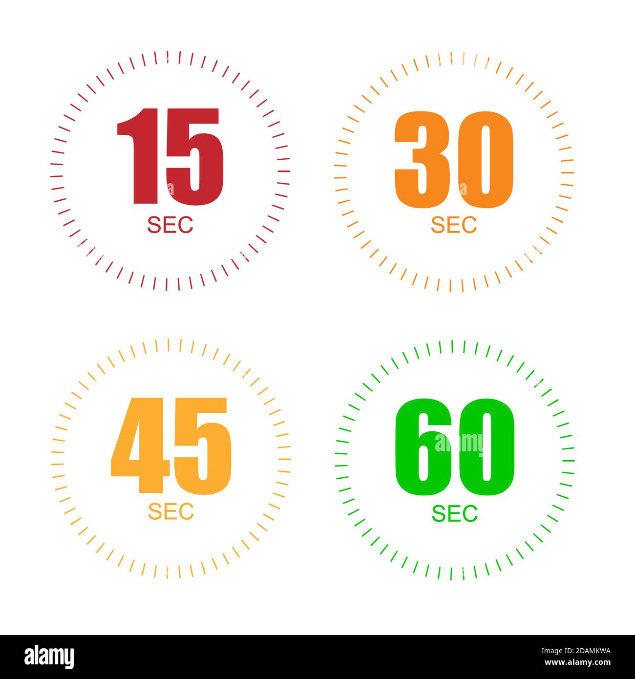 Set di timer per 15, 30, 45, 60 secondi. Icona cronometro conto alla rovescia cronometro digitale. Illustrazione Vettoriale