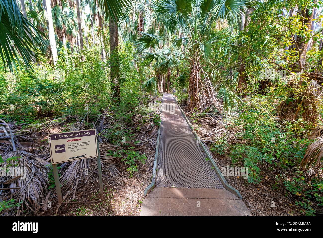 Pericolo coccodrilli, no nuoto - cartello di avvertimento situato nel territorio del Nord, Australia. Foto Stock