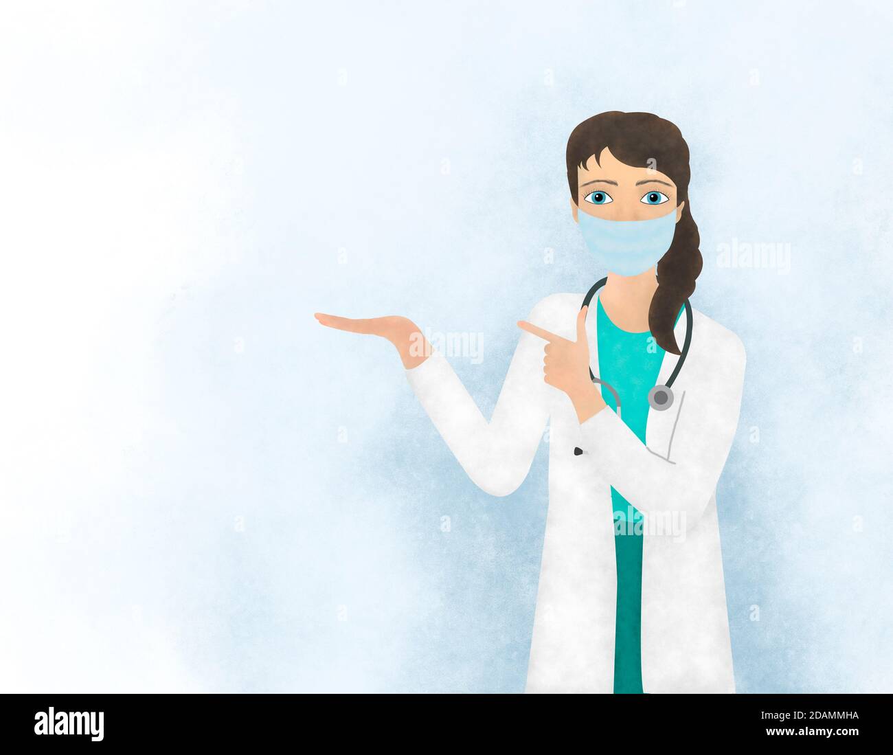 Illustrazione di una dottoressa mascherata che punta la palma e il dito di lato Foto Stock