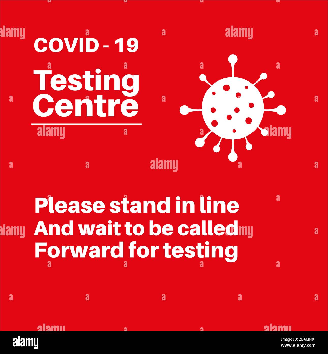 Centro di test Covid attendere in linea per essere chiamato in avanti per testare l'illustrazione vettoriale su uno sfondo rosso con il logo del virus. Illustrazione Vettoriale