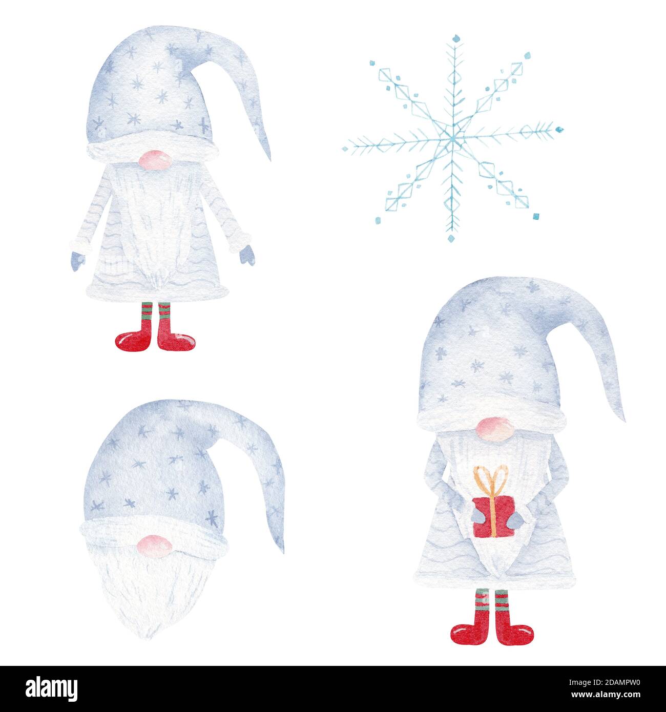 Gnomo d'acquerello natalizio e fiocco di neve. Dipinto a mano santa illustrazione insieme isolato su sfondo bianco. Grafica per decorazioni, biglietti d'auguri, Foto Stock