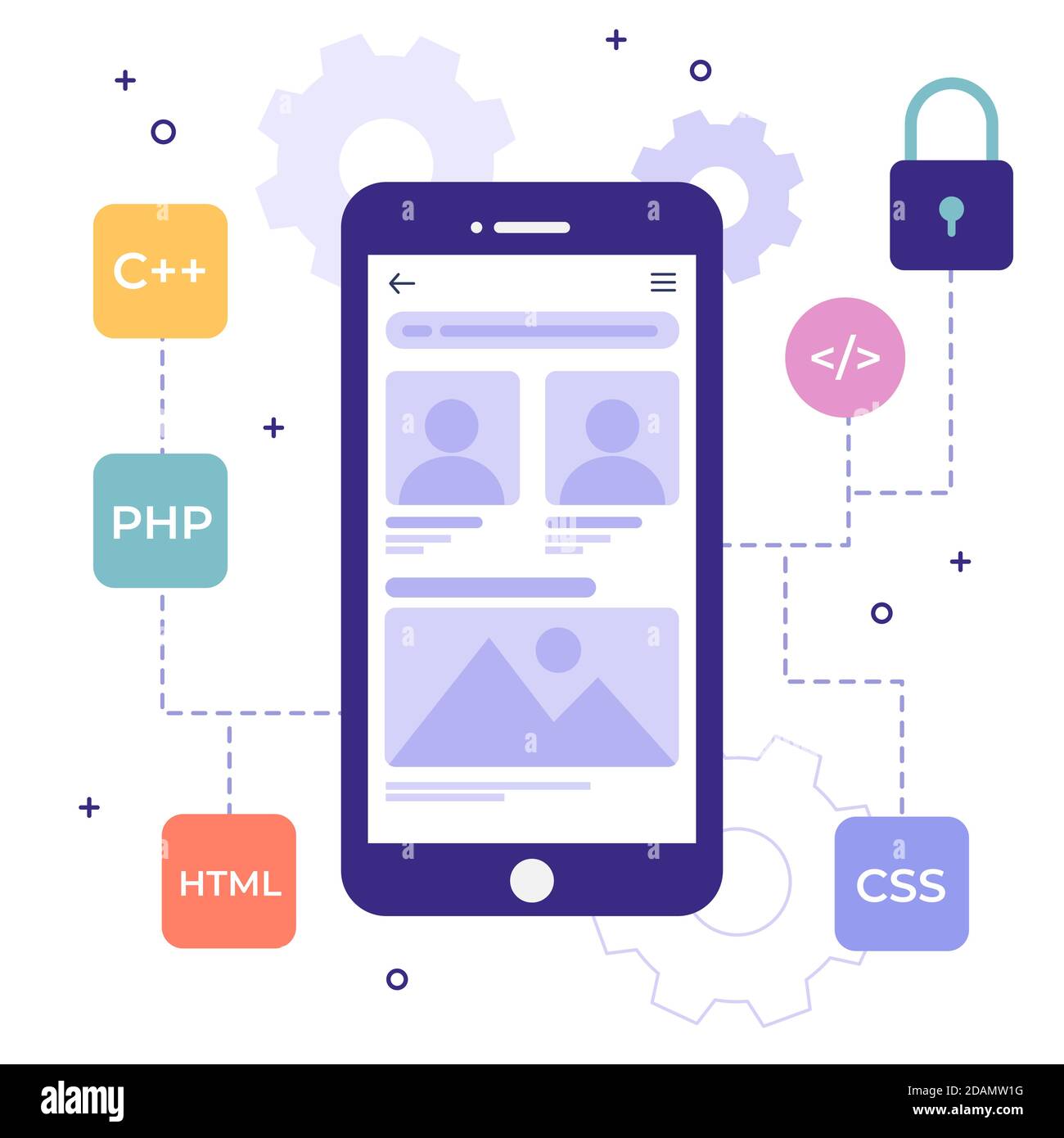 Concetto illustrato di sviluppo di applicazioni con linguaggi di programmazione illustrazione vettoriale Illustrazione Vettoriale