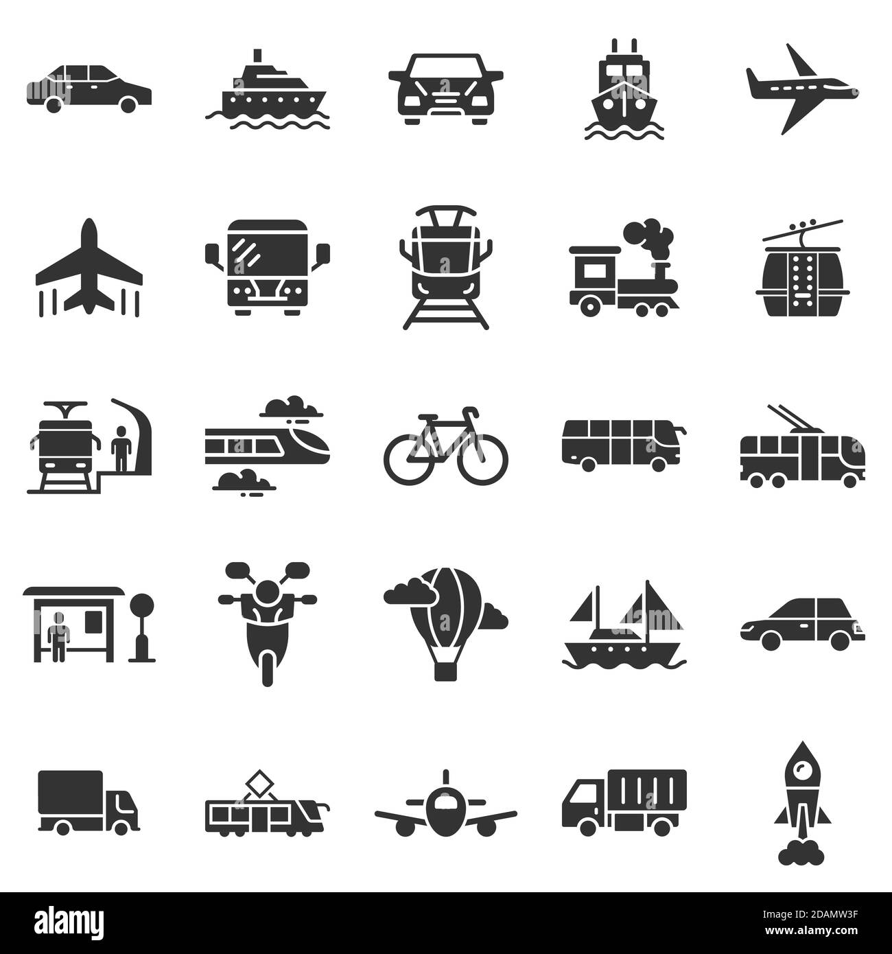 Icona di trasporto impostato in uno stile piatto. Auto vettore collezione illustrazione in bianco sullo sfondo isolato. Trasporto navale la concezione di business. Illustrazione Vettoriale
