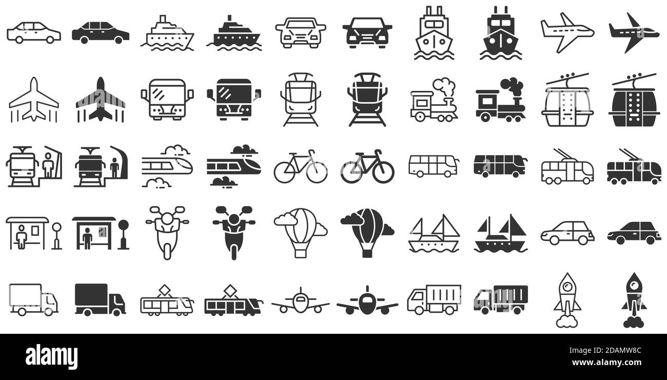 Icona di trasporto impostato in uno stile piatto. Auto vettore collezione illustrazione in bianco sullo sfondo isolato. Trasporto navale la concezione di business. Illustrazione Vettoriale