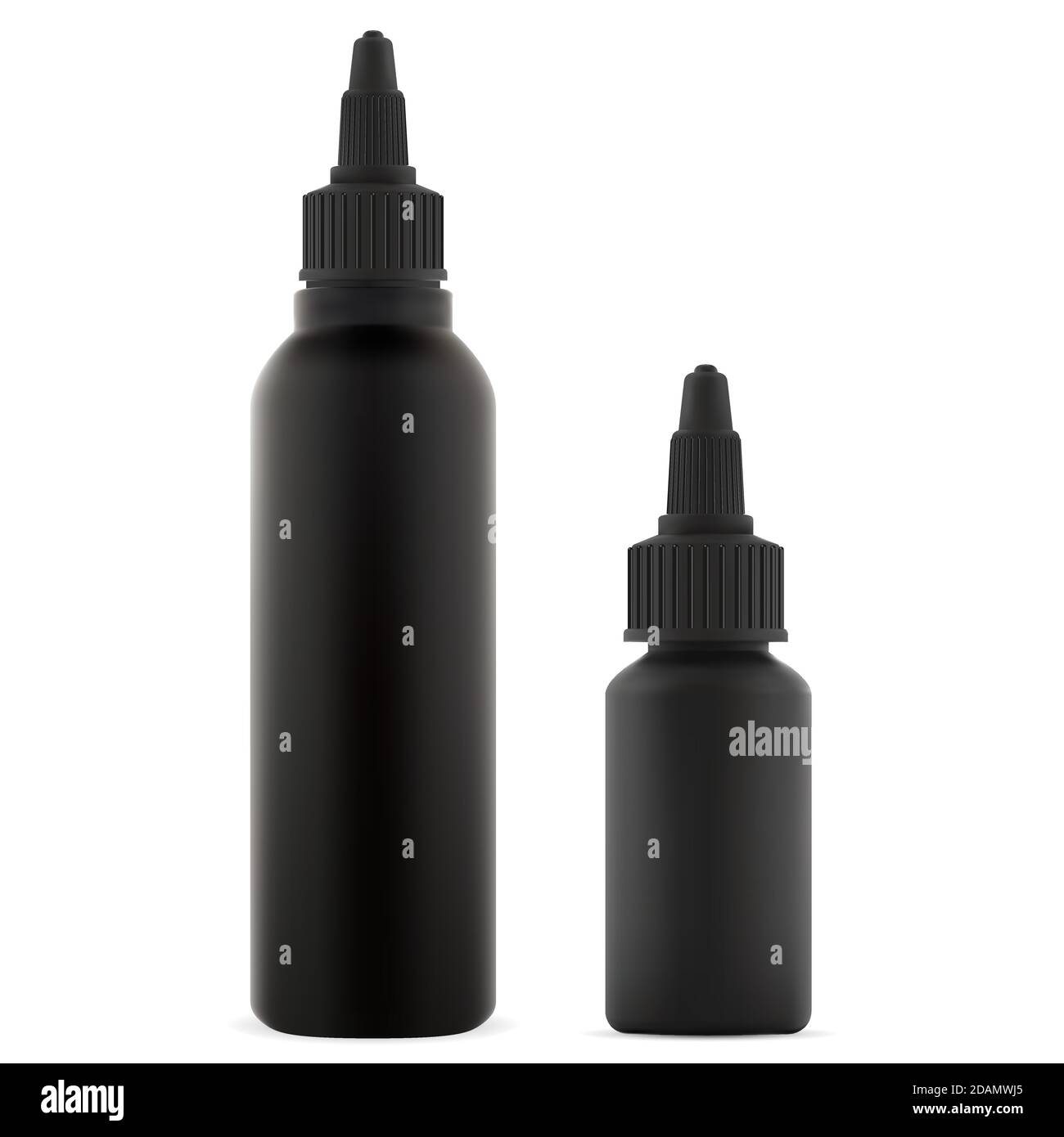 Mock-up del vettore del flacone contagocce. Tingere la confezione dei capelli su sfondo bianco. Set di contenitori in plastica nera per vernici di bellezza. E Mockup di bottiglie di liquido. Io Illustrazione Vettoriale