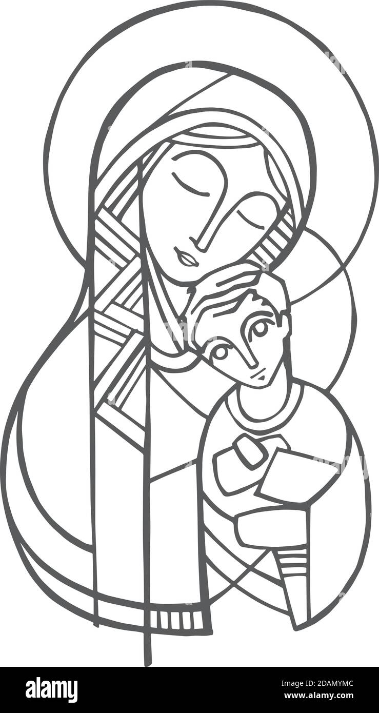 Illustrazione o disegno digitale della Vergine Maria e di Gesù Cristo come bambino Illustrazione Vettoriale