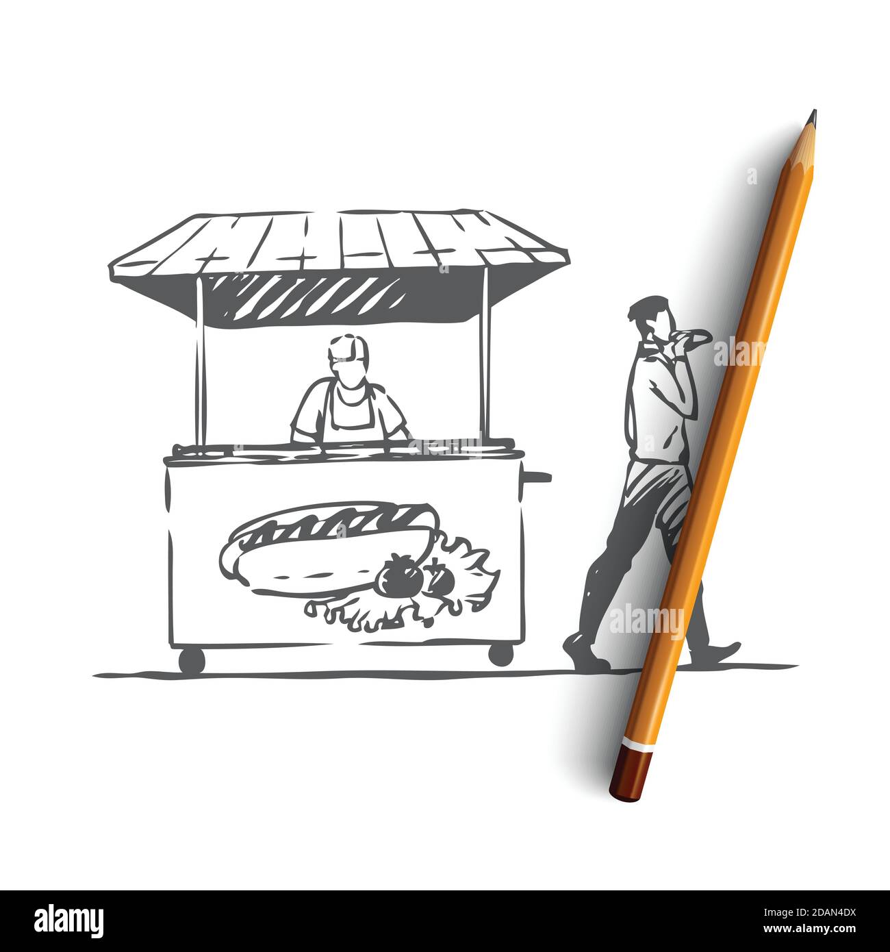 Hot dog, fast food, chiosco, Street concept. Vettore isolato disegnato a mano. Illustrazione Vettoriale