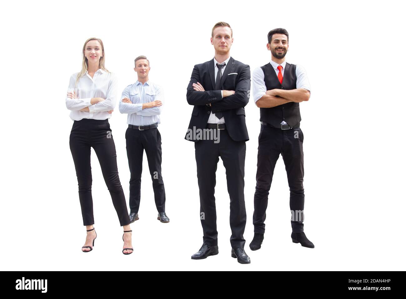 gruppo di uomini e donne d'affari in piedi fiducia e orgogliosa guardare isolato su sfondo bianco con tracciato di ritaglio Foto Stock