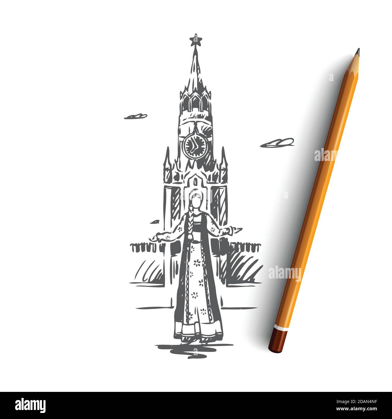 Russia, Cremlino, Mosca, viaggi, concetto di città. Vettore isolato disegnato a mano. Illustrazione Vettoriale