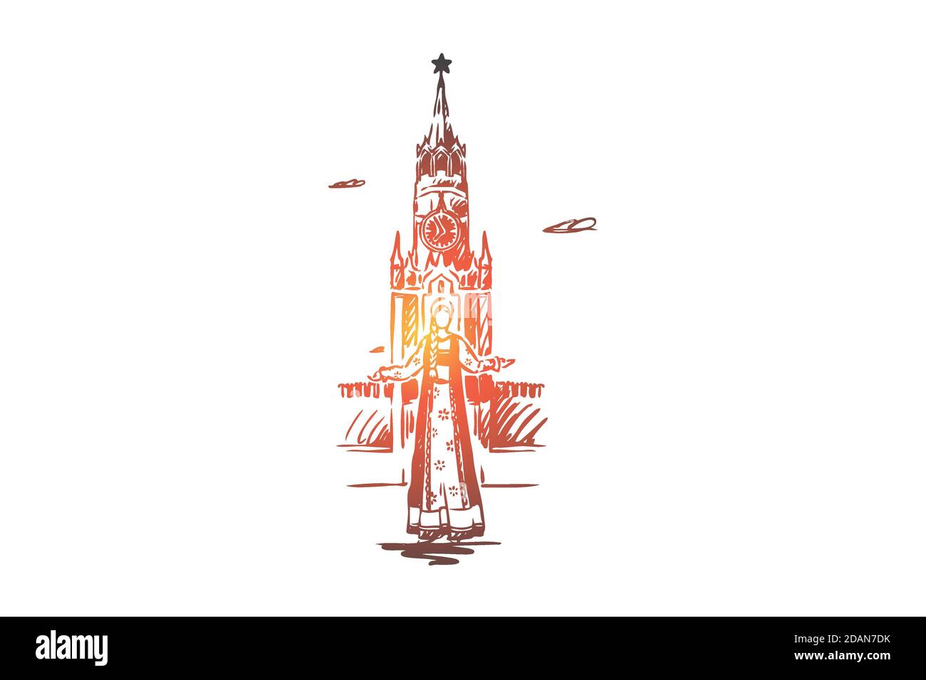 Russia, Cremlino, Mosca, viaggi, concetto di città. Vettore isolato disegnato a mano. Illustrazione Vettoriale