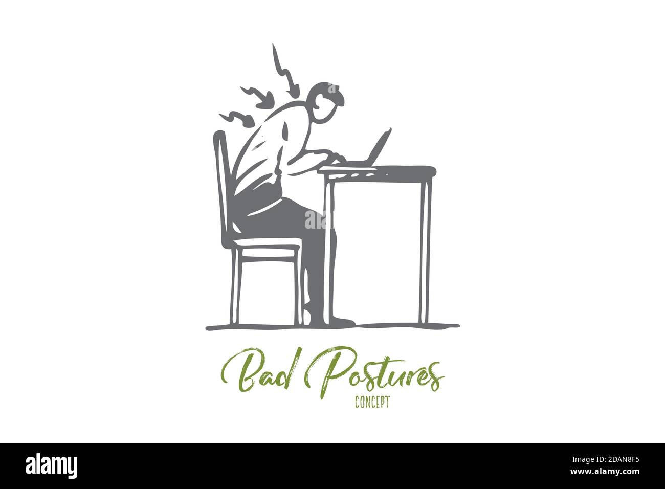 Postura, cattivo, colonna vertebrale, seduta, tavolo, concetto sbagliato. Vettore isolato disegnato a mano. Illustrazione Vettoriale