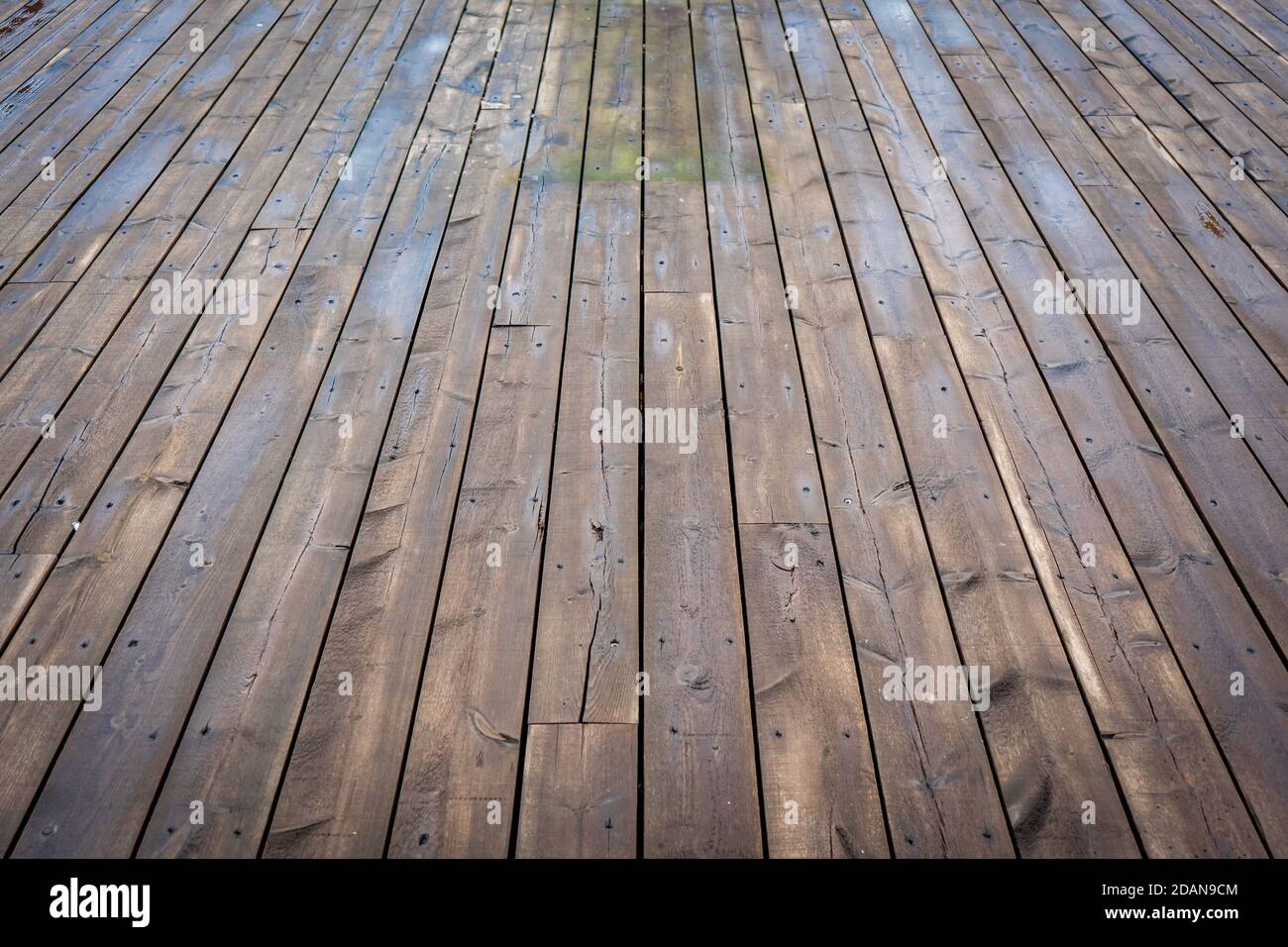 pavimento in legno bagnato dalla pioggia Foto Stock