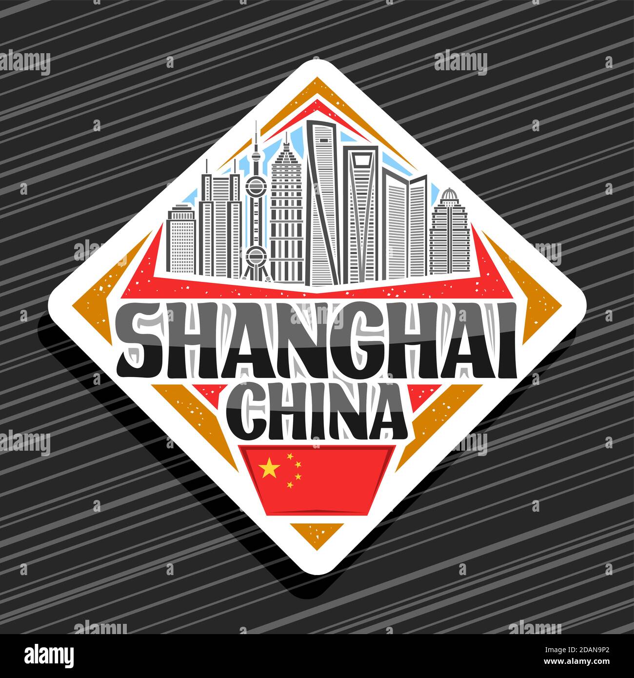 Logo vettoriale per Shanghai, rosso rombus bianco con illustrazione della città di Shanghai paesaggio su sfondo cielo giorno, art design turistico frigo magnete wit Illustrazione Vettoriale