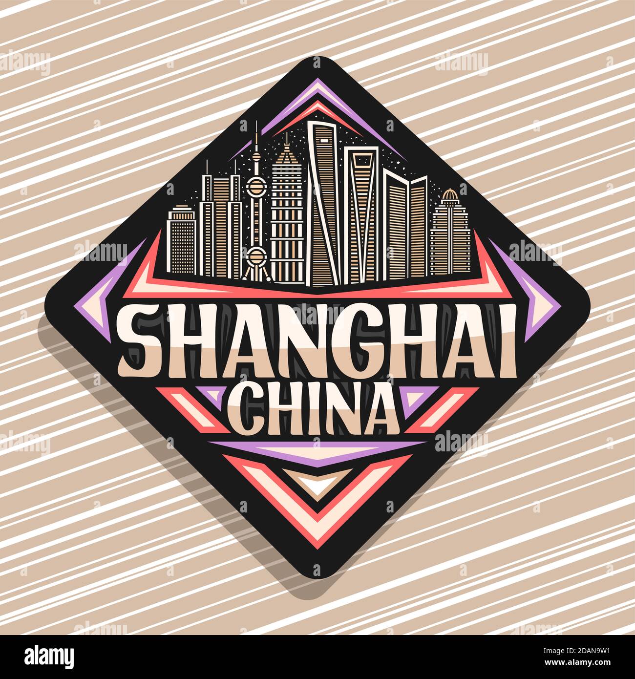 Logo vettoriale per Shanghai, nero rombus segnale stradale con illustrazione della città urbana di Shanghai paesaggio su sfondo crepuscolo cielo, art design turistico frigorifero mag Illustrazione Vettoriale