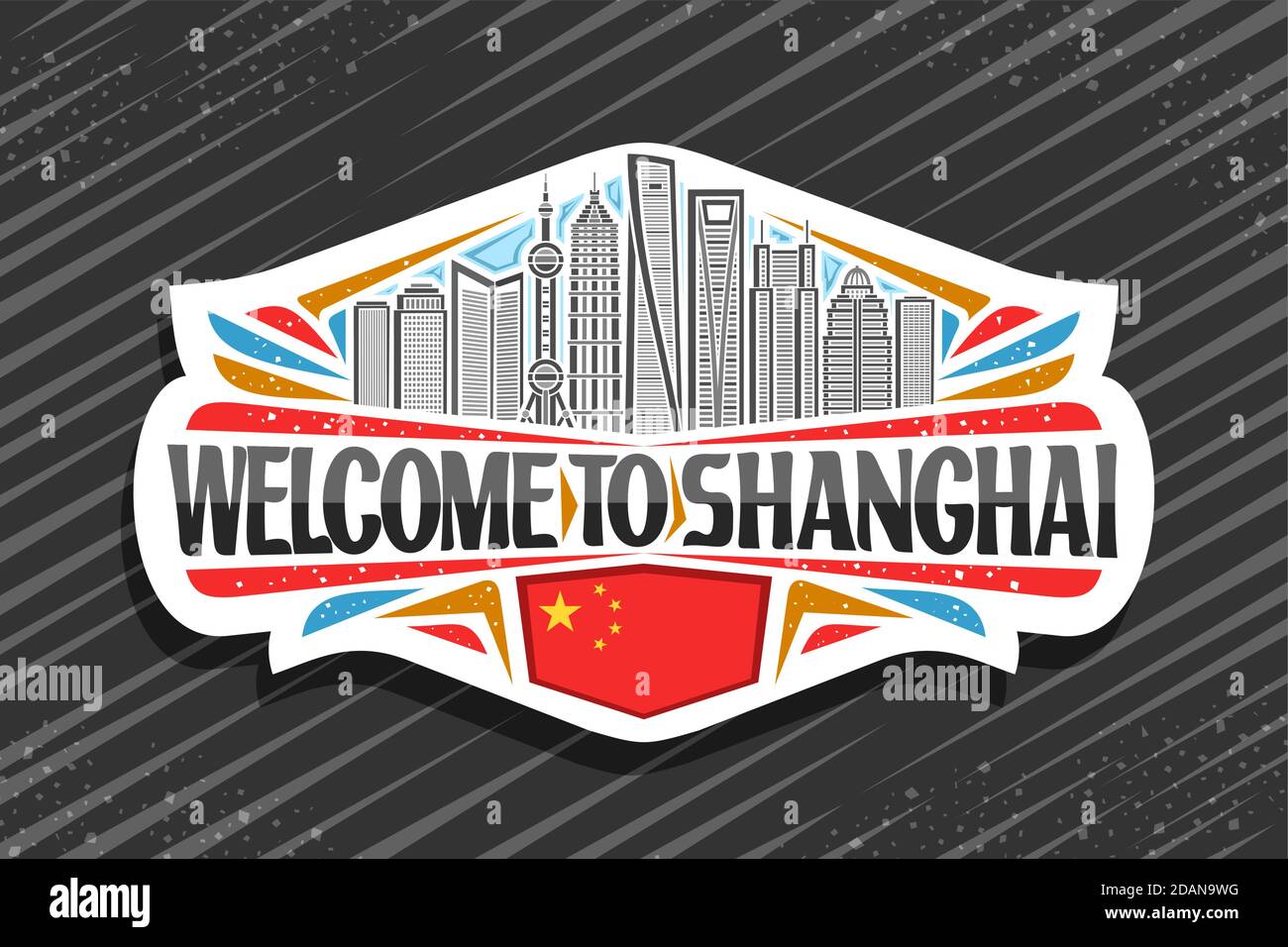 Logo vettoriale per Shanghai, segno decorativo bianco con illustrazione del paesaggio urbano di Shanghai sullo sfondo del cielo del giorno, magnete frigorifero di design artistico con un Illustrazione Vettoriale