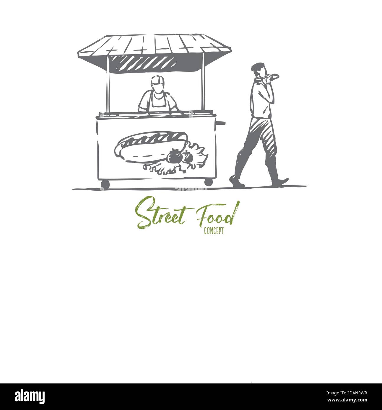 Hot dog, fast food, chiosco, Street concept. Vettore isolato disegnato a mano. Illustrazione Vettoriale