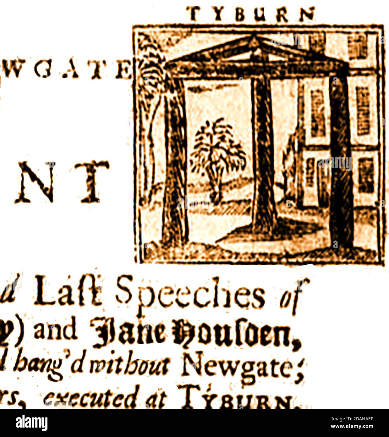 Un'incisione in legno del 1700 circa che mostra l'albero di Tyburn (tripple gallows) Foto Stock