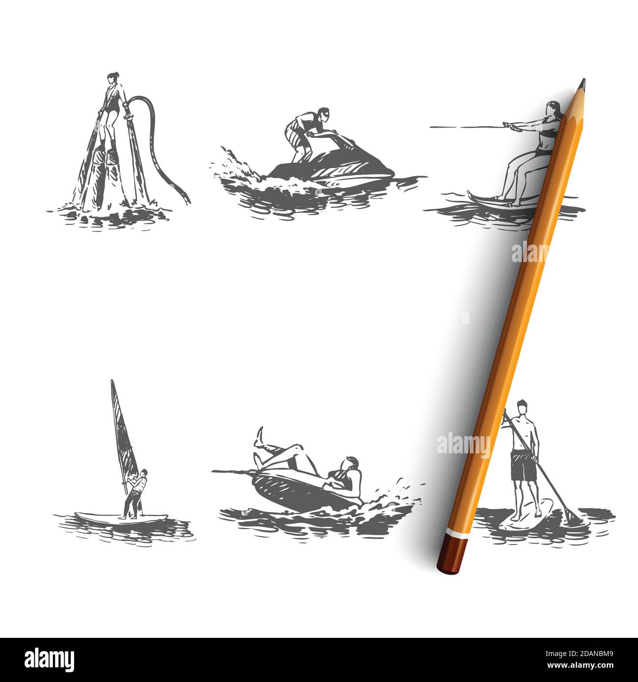 Ricreazione estiva - flyboarding, sci d'acqua, paddle boarding, vela, jet ski vettoriale Illustrazione Vettoriale