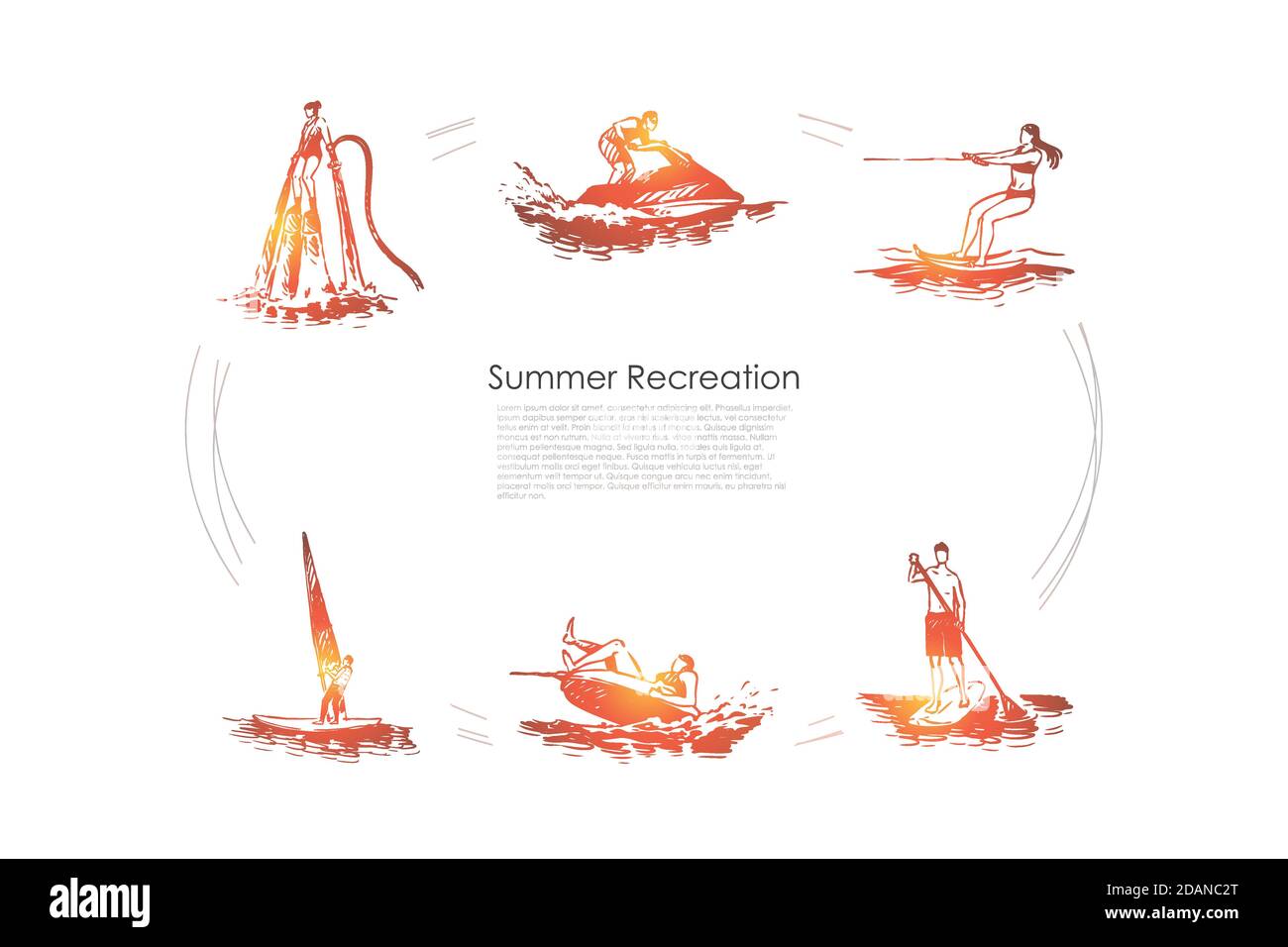 Ricreazione estiva - flyboarding, sci d'acqua, paddle boarding, vela, jet ski vettoriale Illustrazione Vettoriale