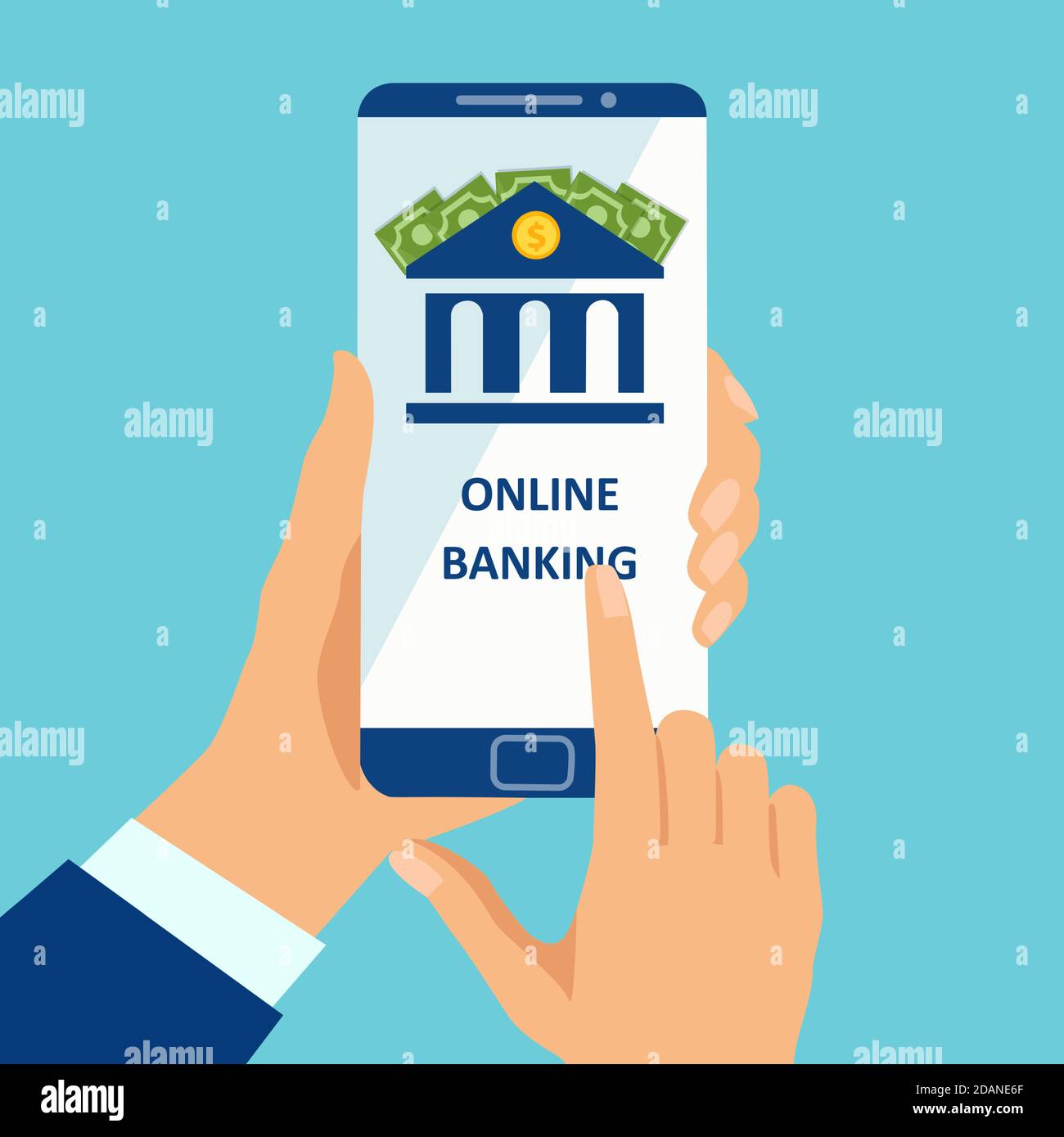 Concetto di banca e pagamento online. Vettore di un uomo che utilizza l'app per smartphone per gestire il conto bancario online Illustrazione Vettoriale