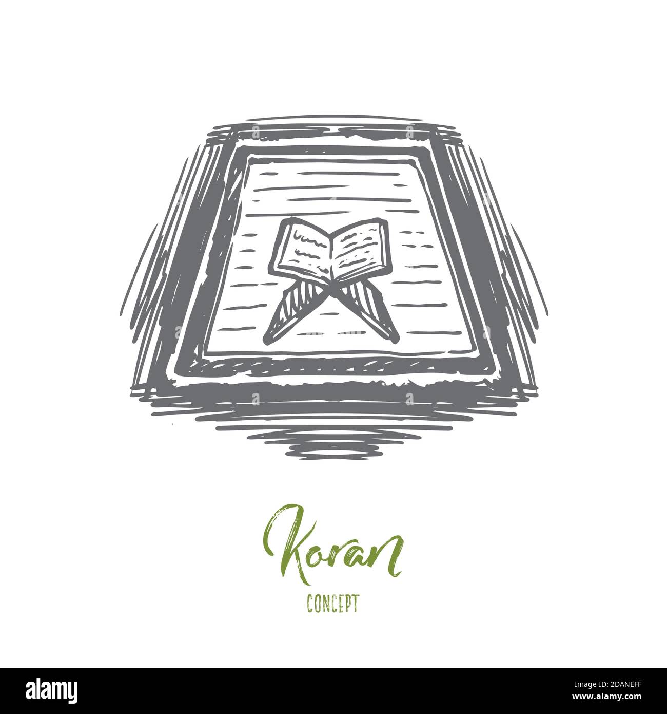 Corano, Islam, preghiera, libro santo, concetto musulmano. Vettore isolato disegnato a mano. Illustrazione Vettoriale