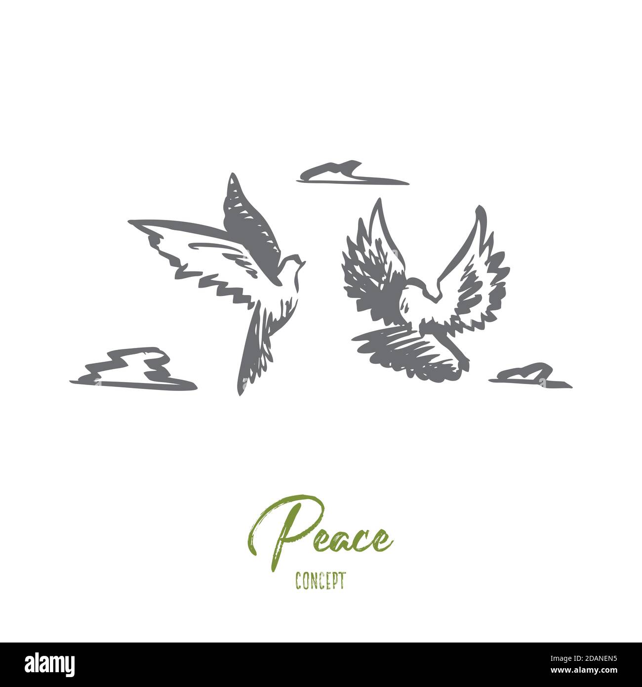 Libertà, pace, coppia, volo, concetto di uccelli. Vettore isolato disegnato a mano. Illustrazione Vettoriale