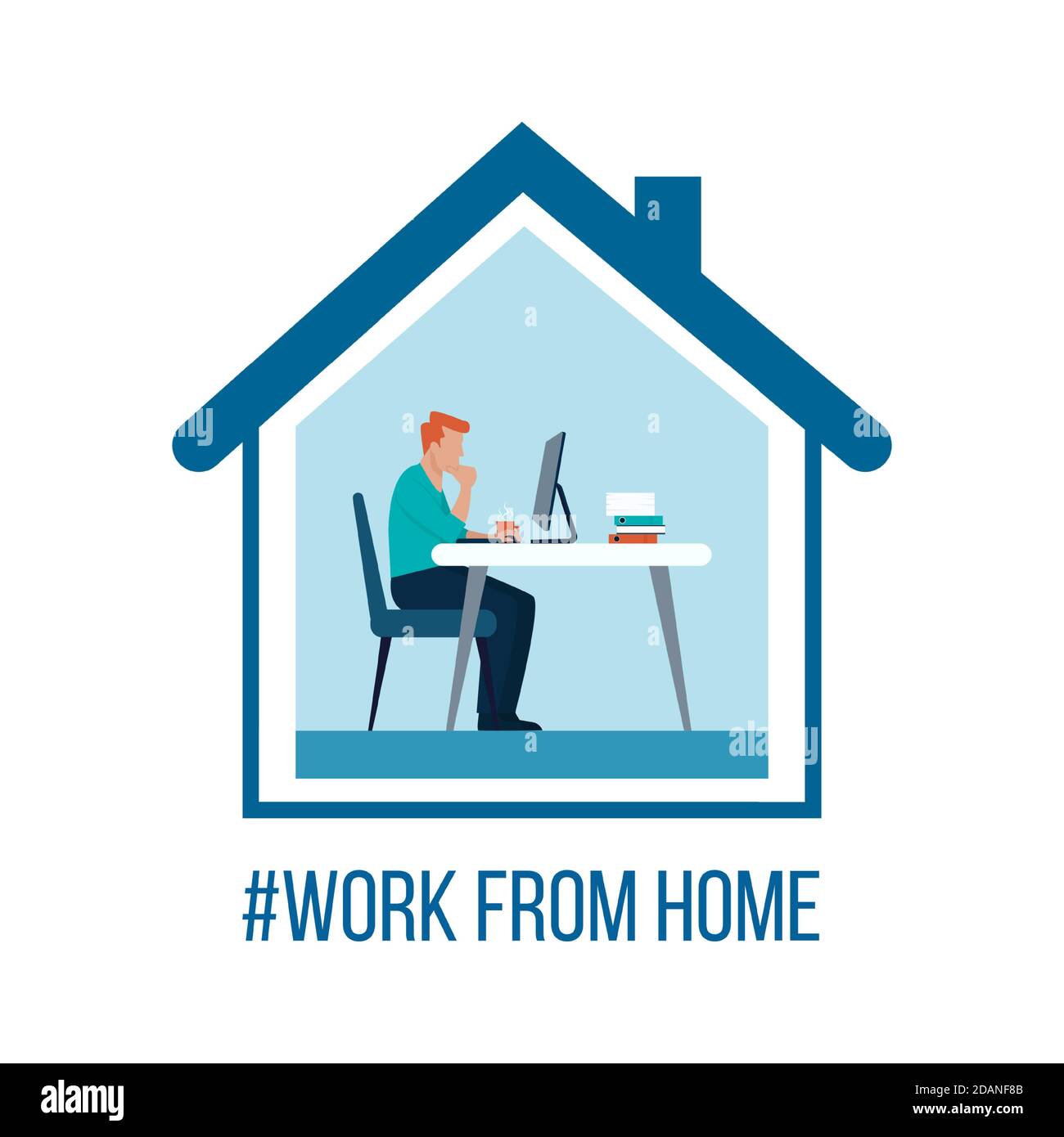 Vettore di un giovane che lavora sul suo computer online da casa Illustrazione Vettoriale