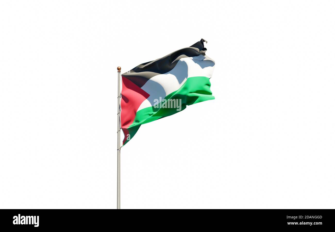 Bella bandiera nazionale della Palestina che balzava sullo sfondo del cielo. Grafica 3D a basso angolo in primo piano con bandiera Palestine. Foto Stock