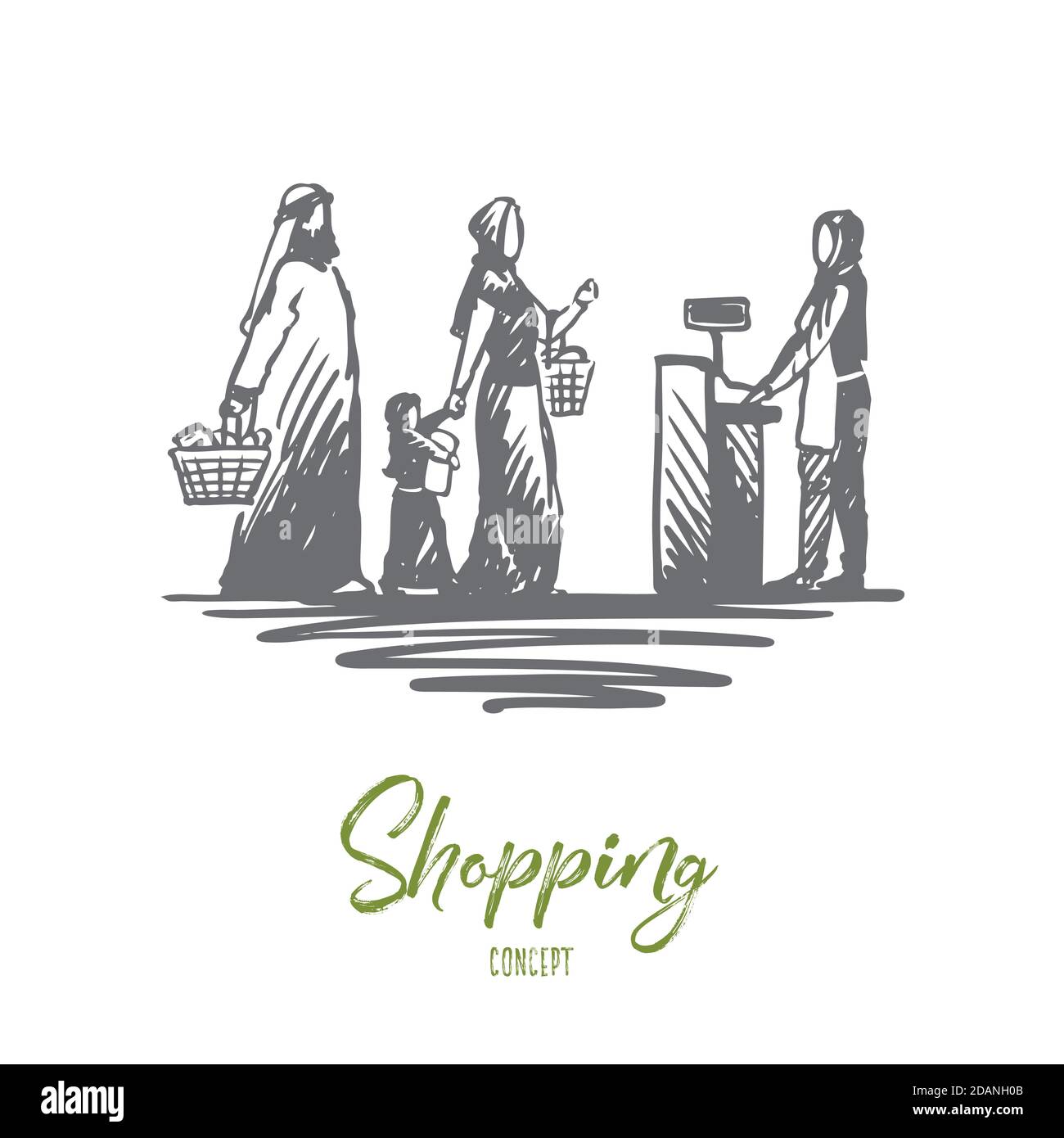Shopping, acquisti, musulmano, concetto di famiglia. Vettore isolato disegnato a mano. Illustrazione Vettoriale