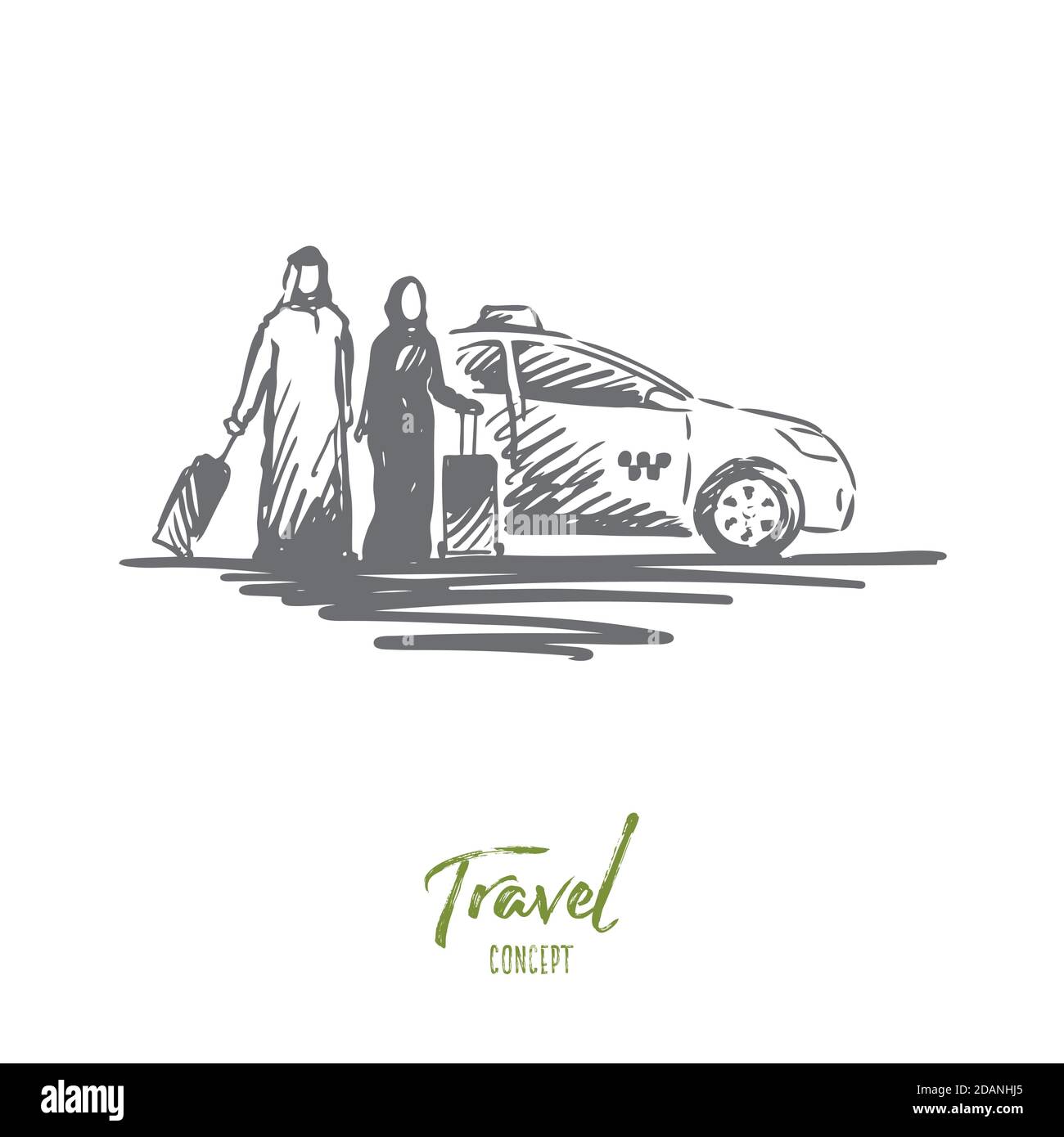 Viaggi, uomo, donna, affari, concetto Islam. Vettore isolato disegnato a mano. Illustrazione Vettoriale