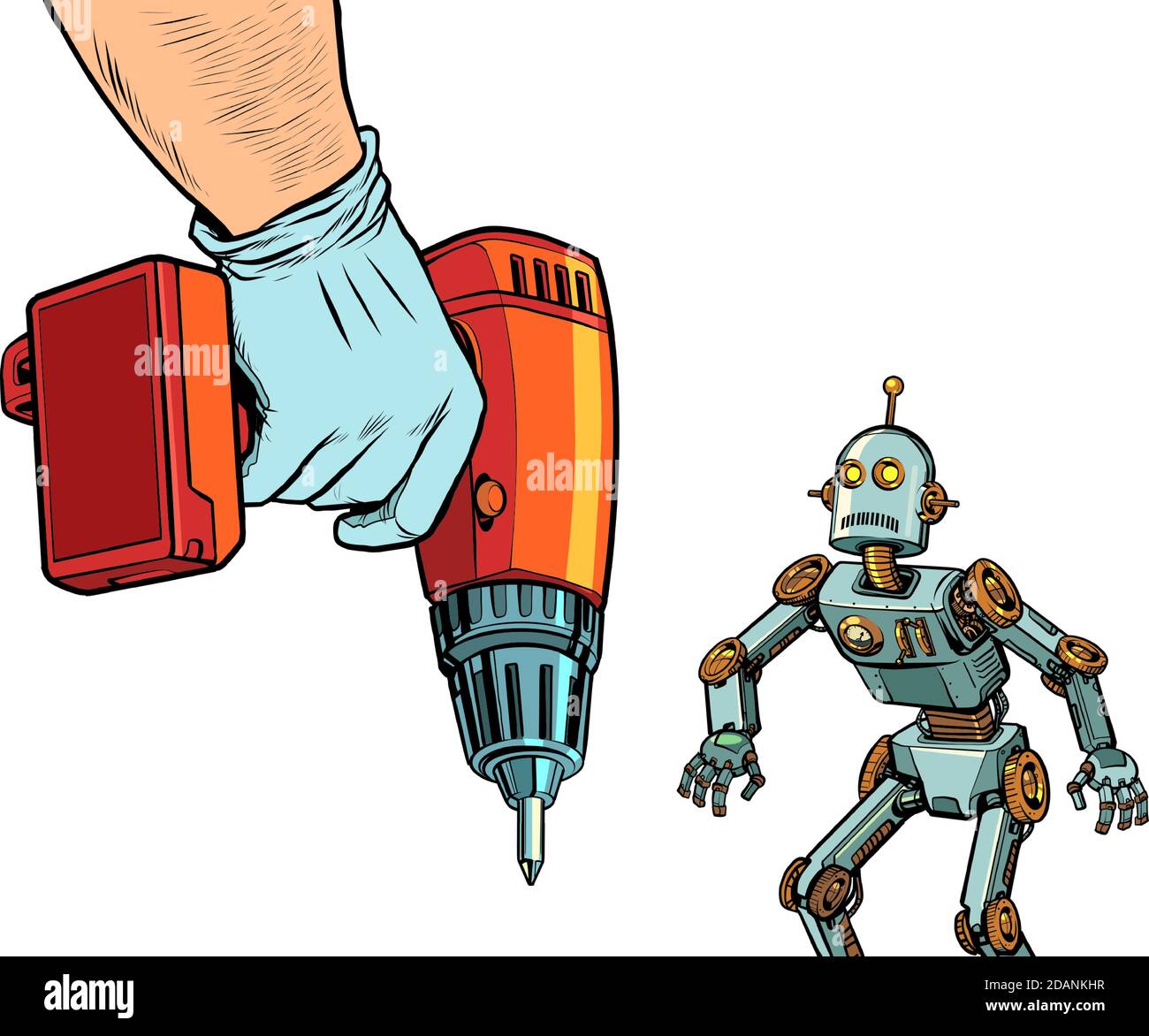Riparazione del concetto di robotica. Il robot e il trapano Illustrazione Vettoriale