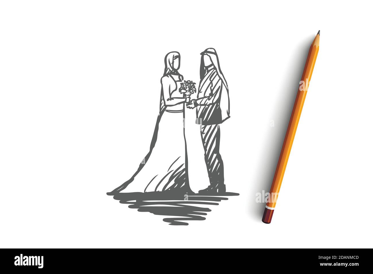 Matrimonio, sposo, sposa, coppia, concetto musulmano. Vettore isolato disegnato a mano Illustrazione Vettoriale