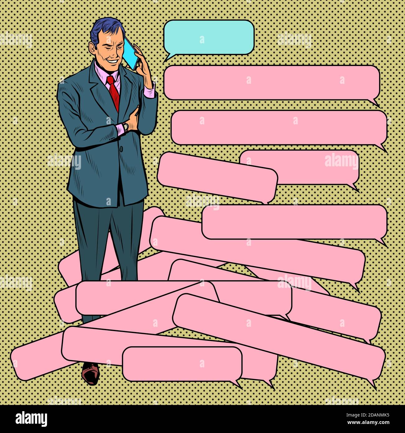 Uomo d'affari comunica tramite messaggi vocali al telefono Illustrazione Vettoriale