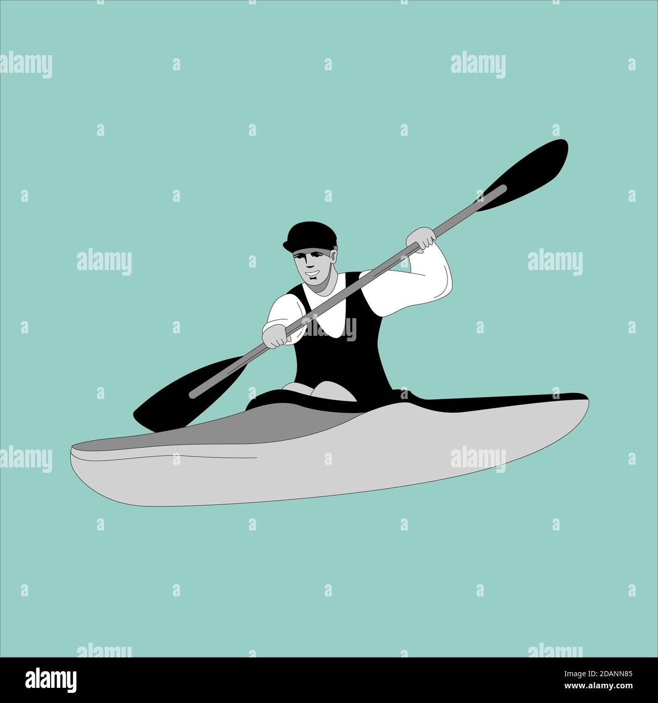 uomo in kayak, illustrazione vettoriale, stile piatto, lato profilo Foto Stock
